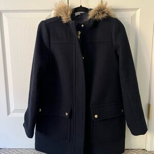 J Crew navy peacoat with faux fur hood